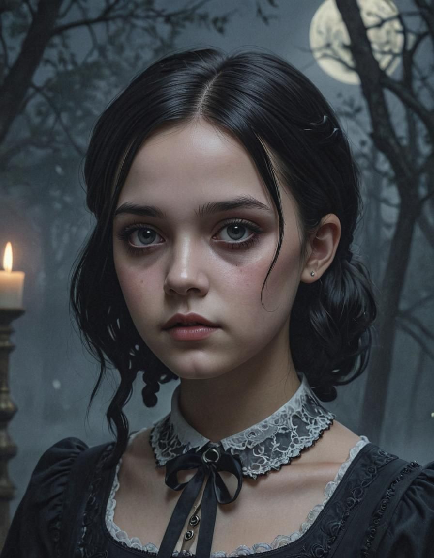 Jenna Ortega as Wednesday Addams: Hyper-Detailed Portrait
