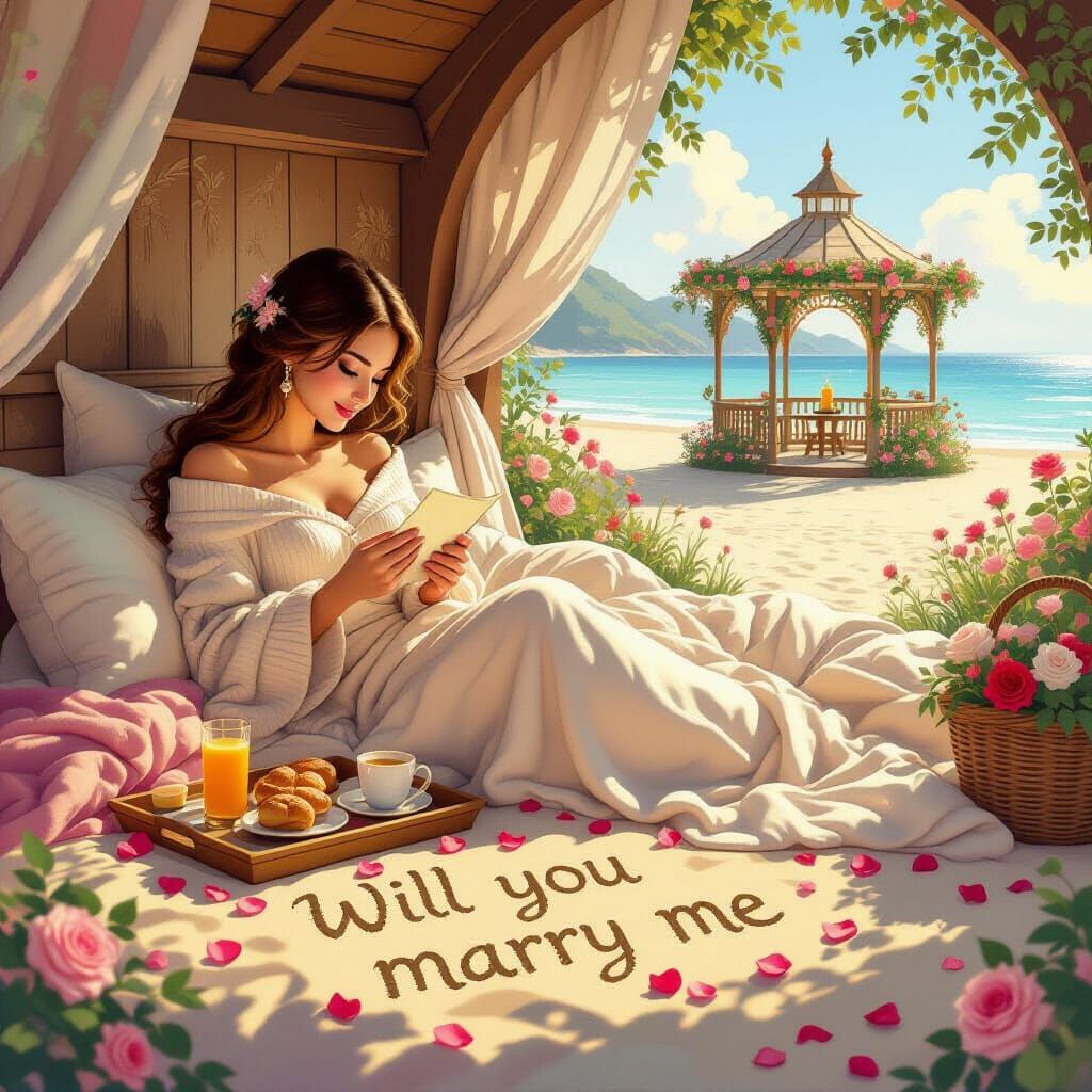 Romantic Beach Proposal as Art Nouveau Illustration