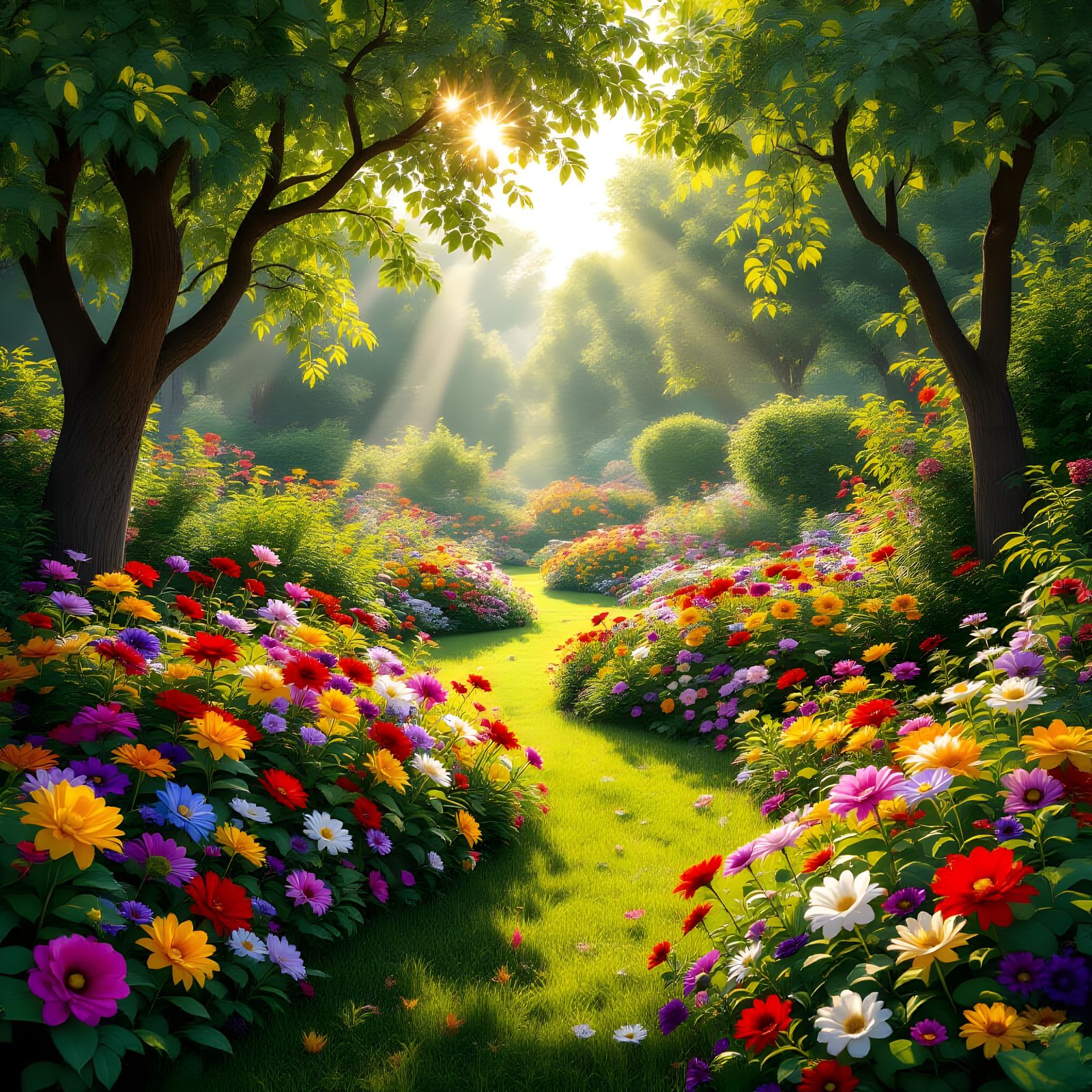 Magical Garden with Sunlit Blooming Trees