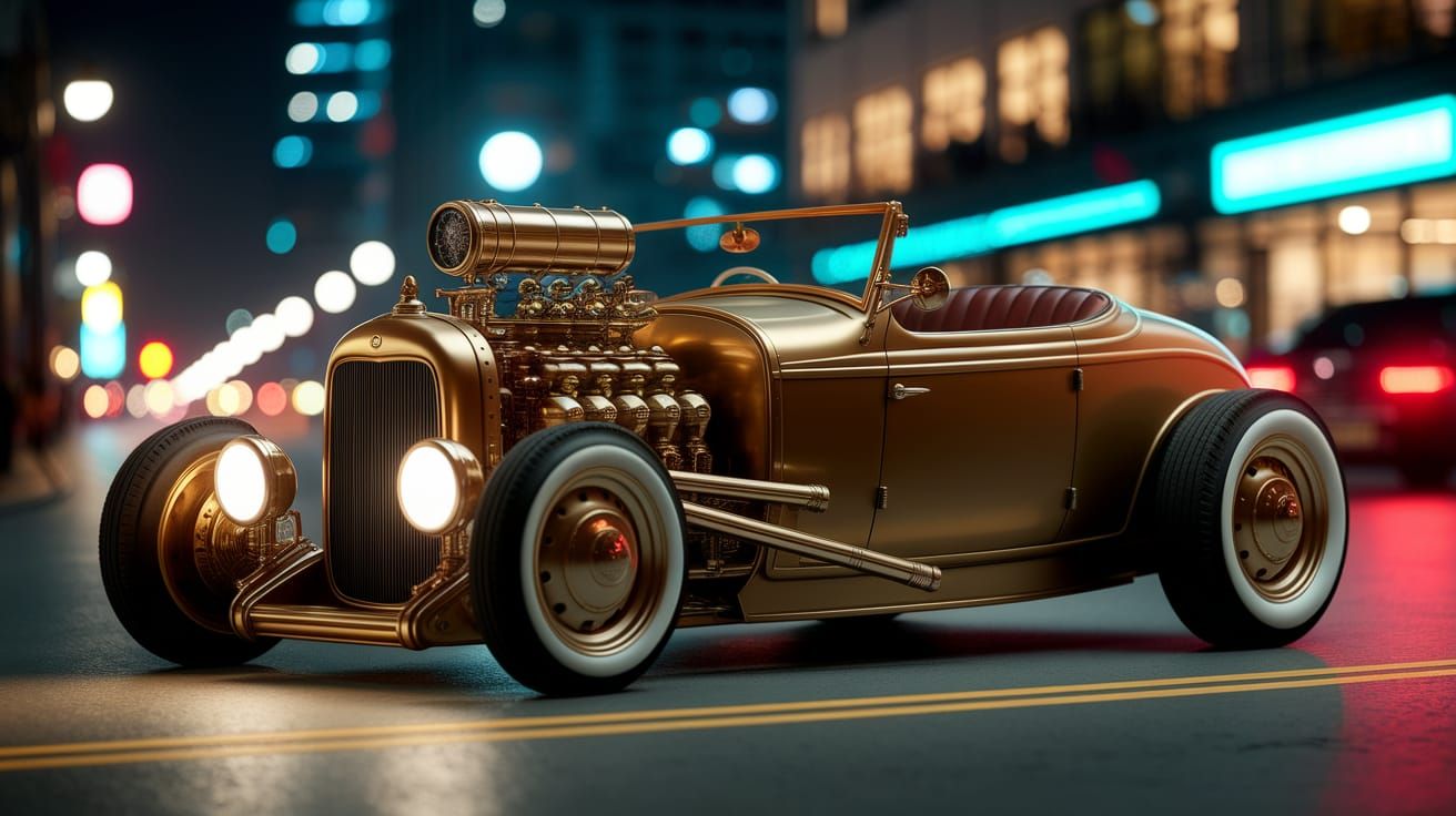 Steampunk Brass Hot Rod Convertible at Night