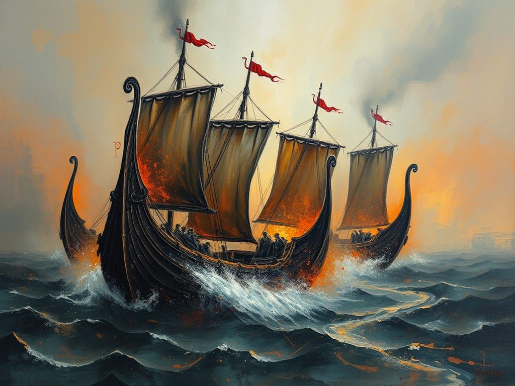 Viking Longship Race in Palette Knife Oil Painting