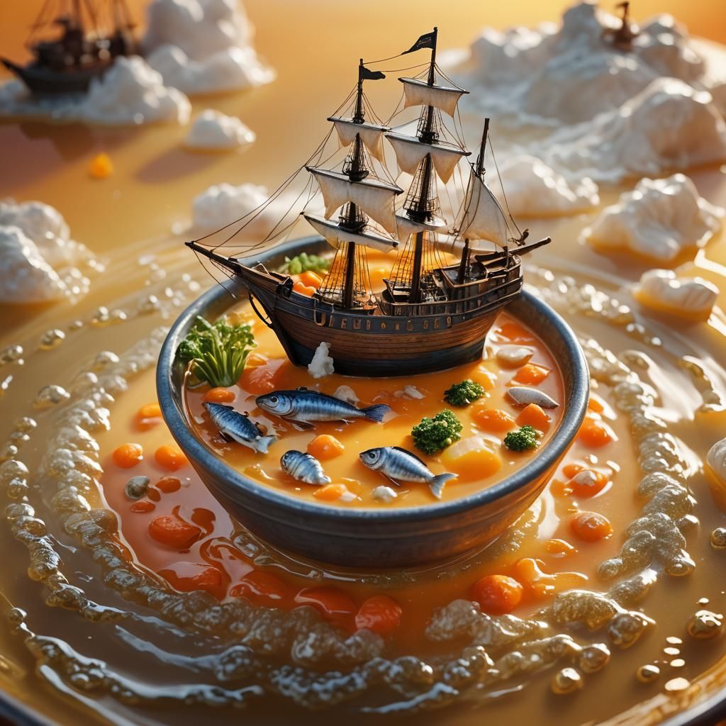 Miniature Tall Ship Sails in Carrot Soup Bowl