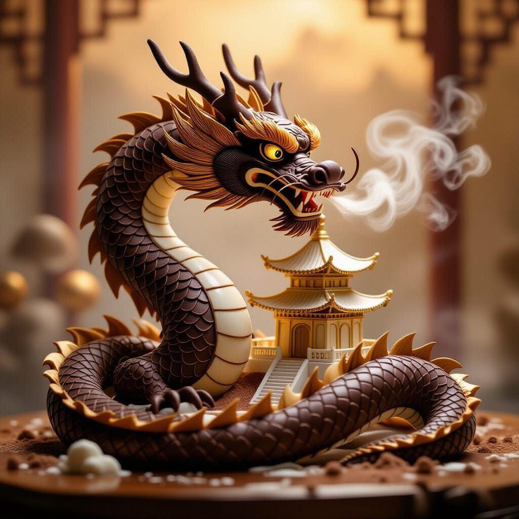 Chocolate Dragon Sculpture in Cinematic Style
