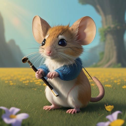 Whimsical Field Mouse Plays Flute in Sunlit Meadow