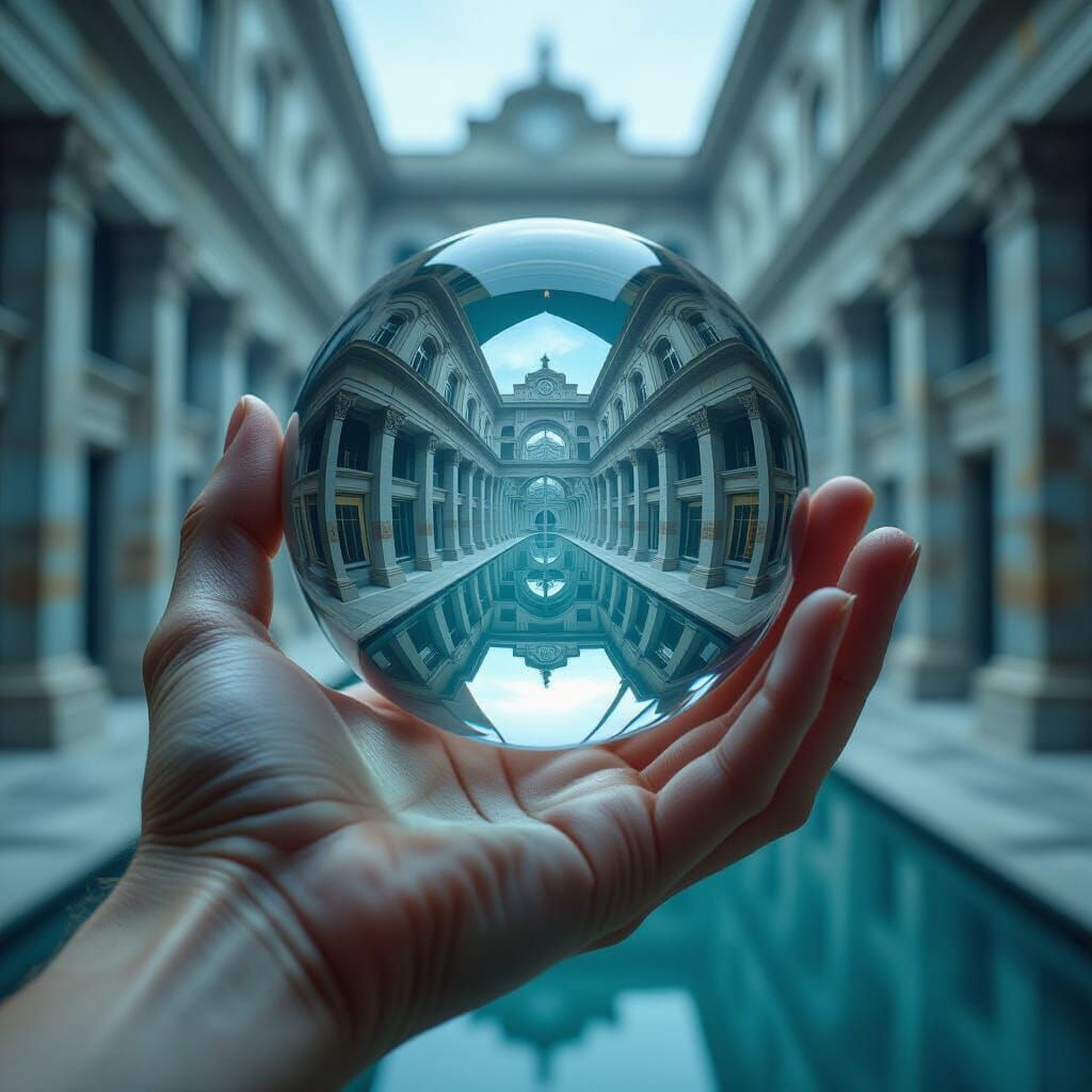 Surreal Reflection Sphere Holding Impossible Architecture