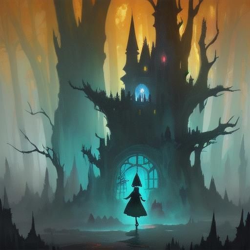 Cute Evil Witch Brewing Potion as Oil Painting