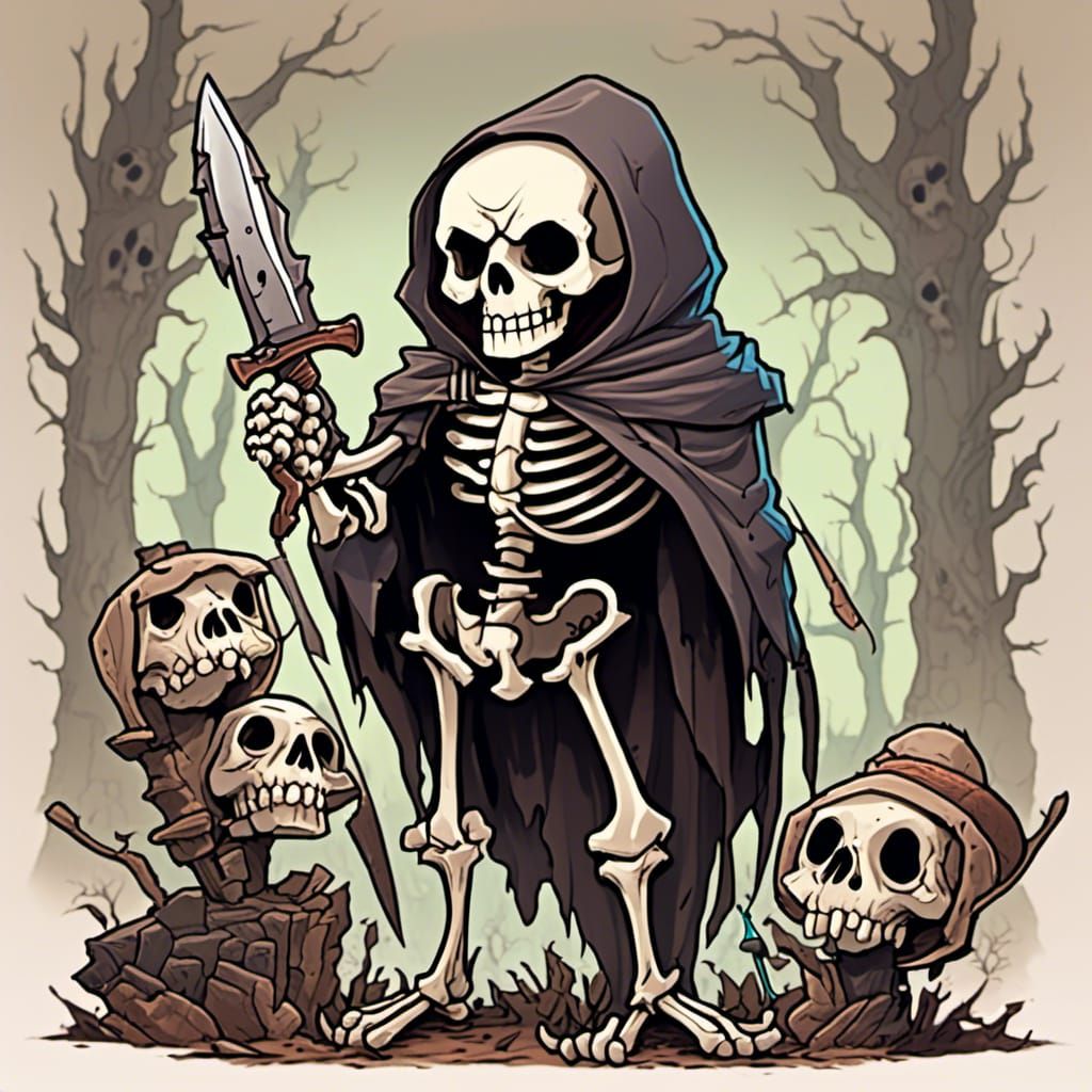 Cartoon Skeleton with Knife in Lowbrow Style