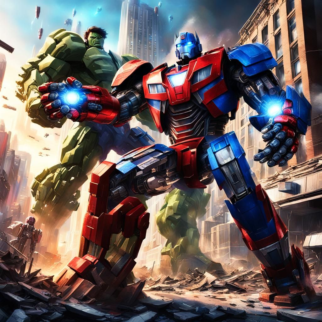 Epic Battle: Optimus Prime vs Hulk in Robotic Suits