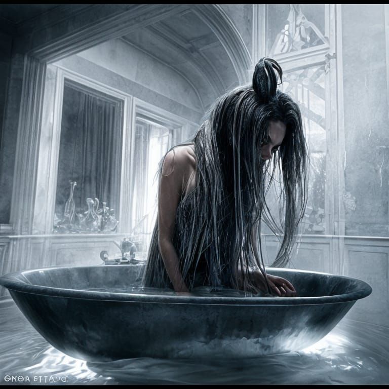 Sinister Ghost in Bathtub Looking Up