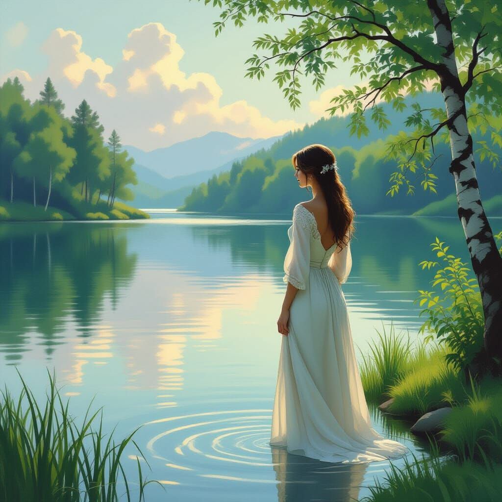 Woman Reflecting by Lake in Romantic Style