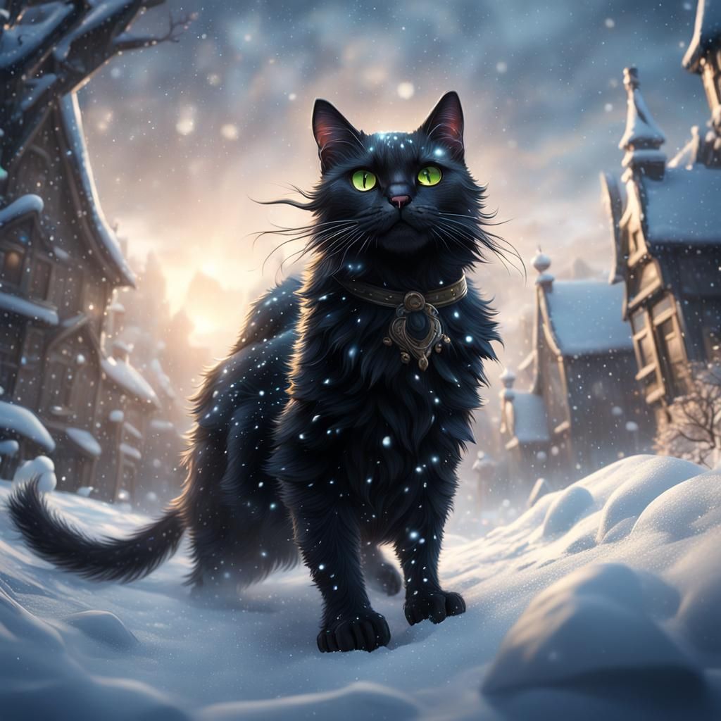 Black Cat Dancing in White Snow