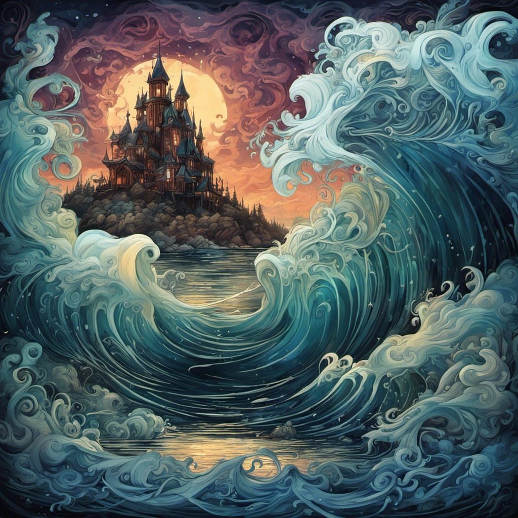 Haunted Mansion Overlooking Winter Seascape, Watercolor Pain...