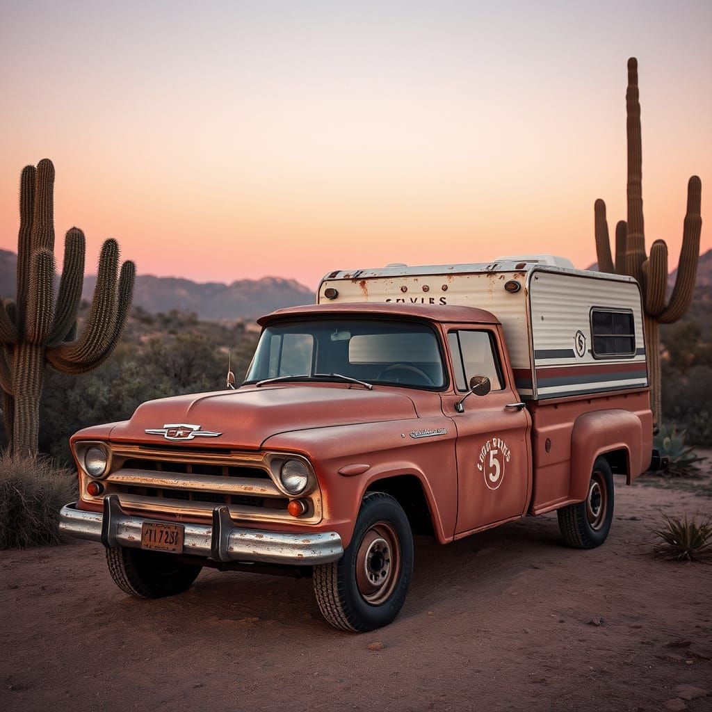 Vintage Pickup Truck in Desert Landscape