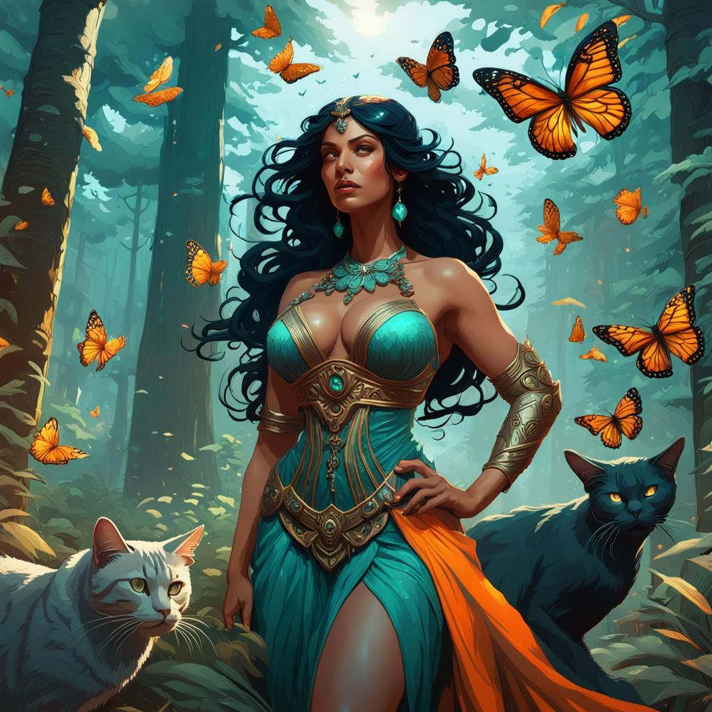 Goddess with Cats and Butterflies: Hyperdetailed Concept Art
