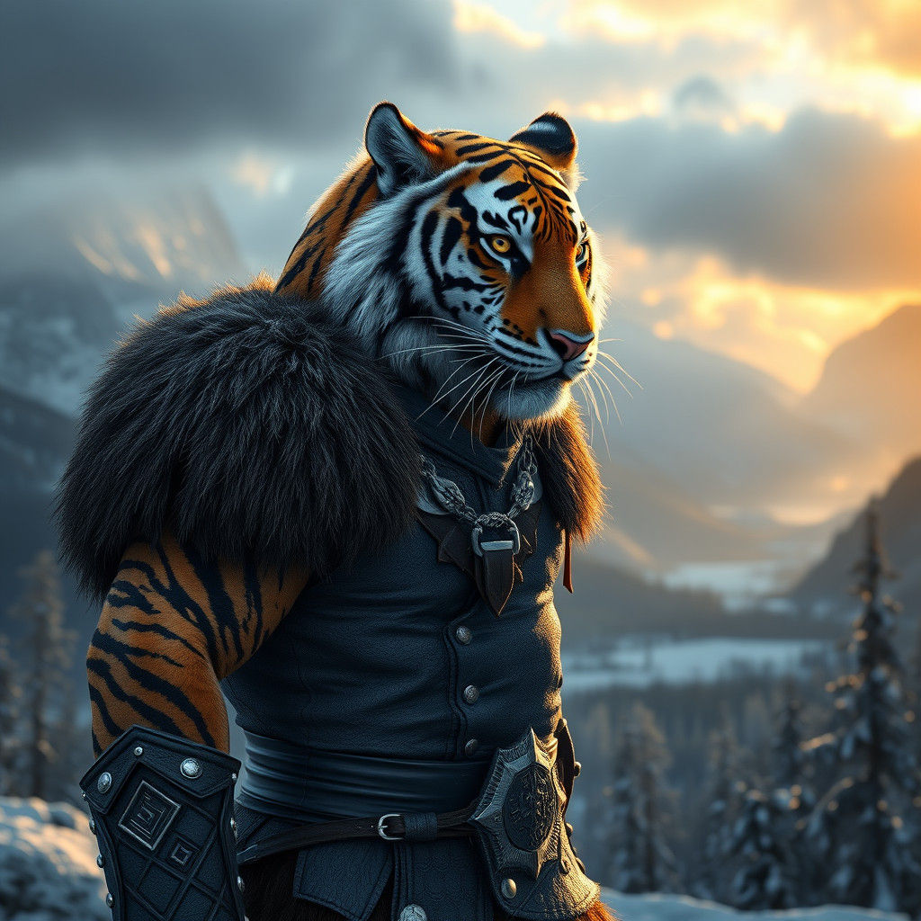 Siberian Tiger-Viking Hybrid in Nordic Landscape