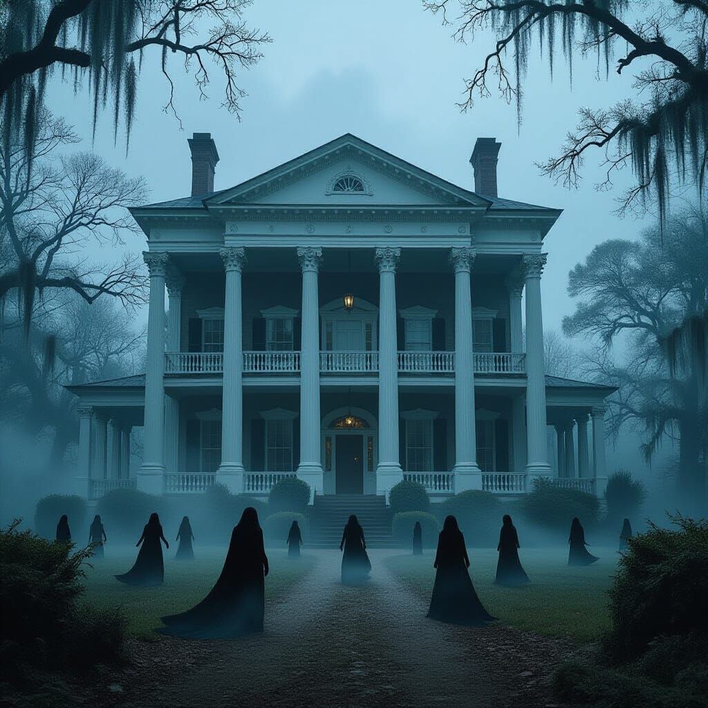 Eerie Southern Plantation Mansion with Ghostly Apparitions