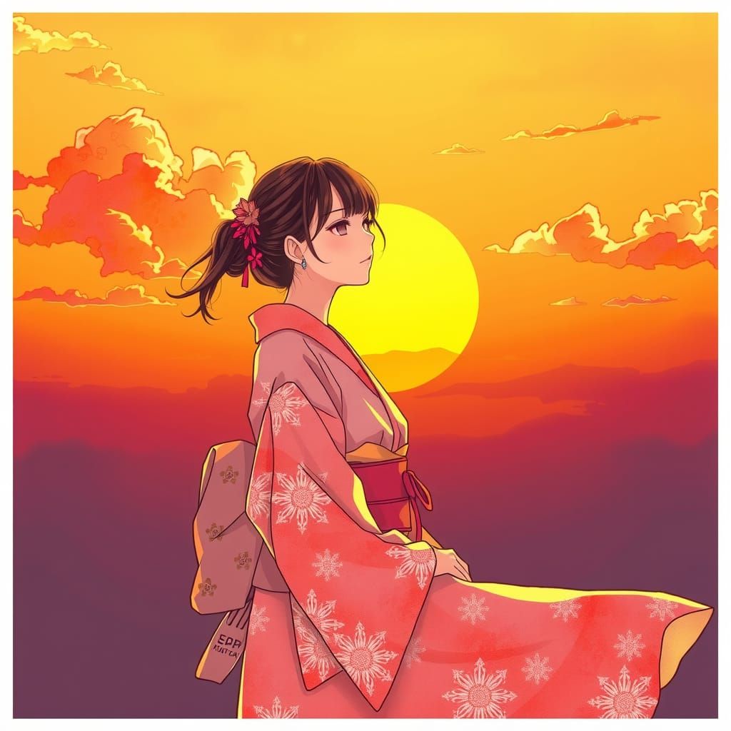 Woman in Yukata at Sunset: Anime Key Visual