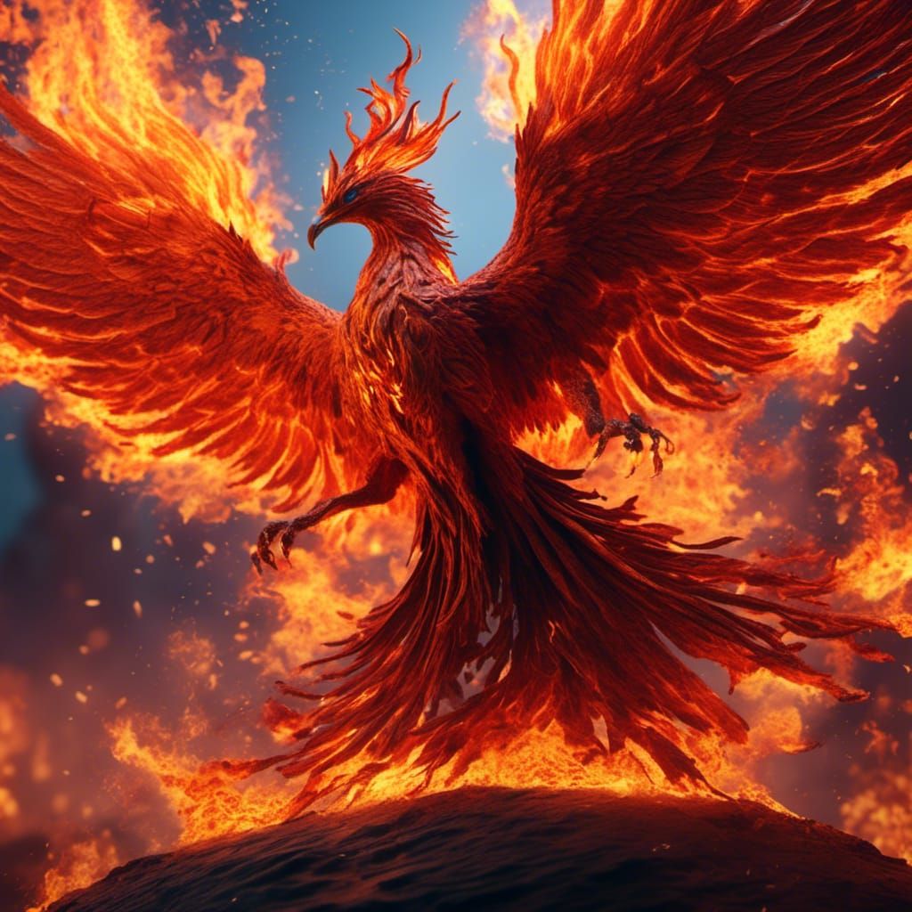 Fiery Phoenix Bird on a Burning Planet