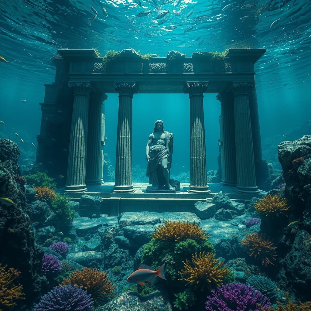 Poseidon Statue at Underwater Greek Temple Ruins