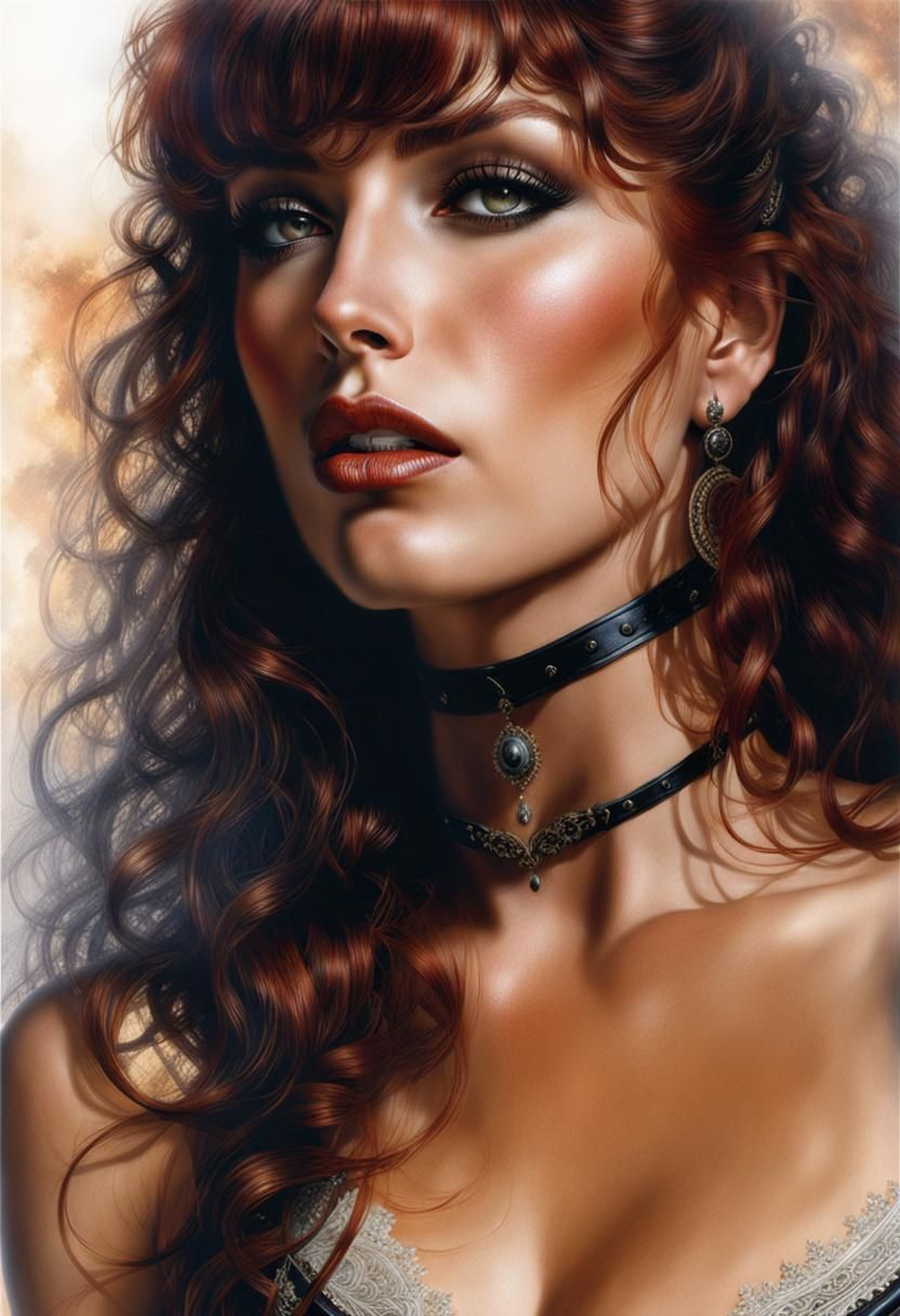 Red Haired Woman in Leather Collar, Detailed Portrait