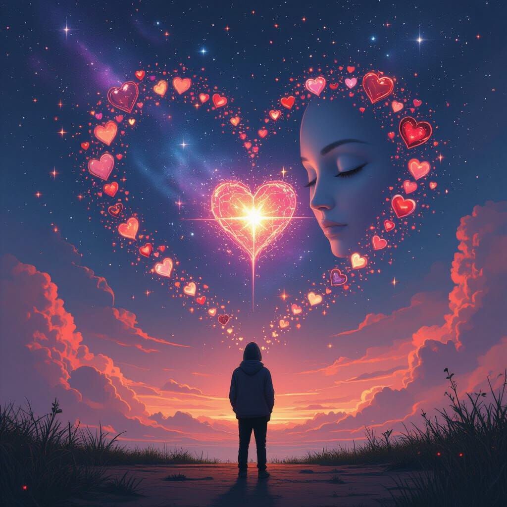 Cosmic Hearts Transform in Ethereal Robotic Dreamscape
