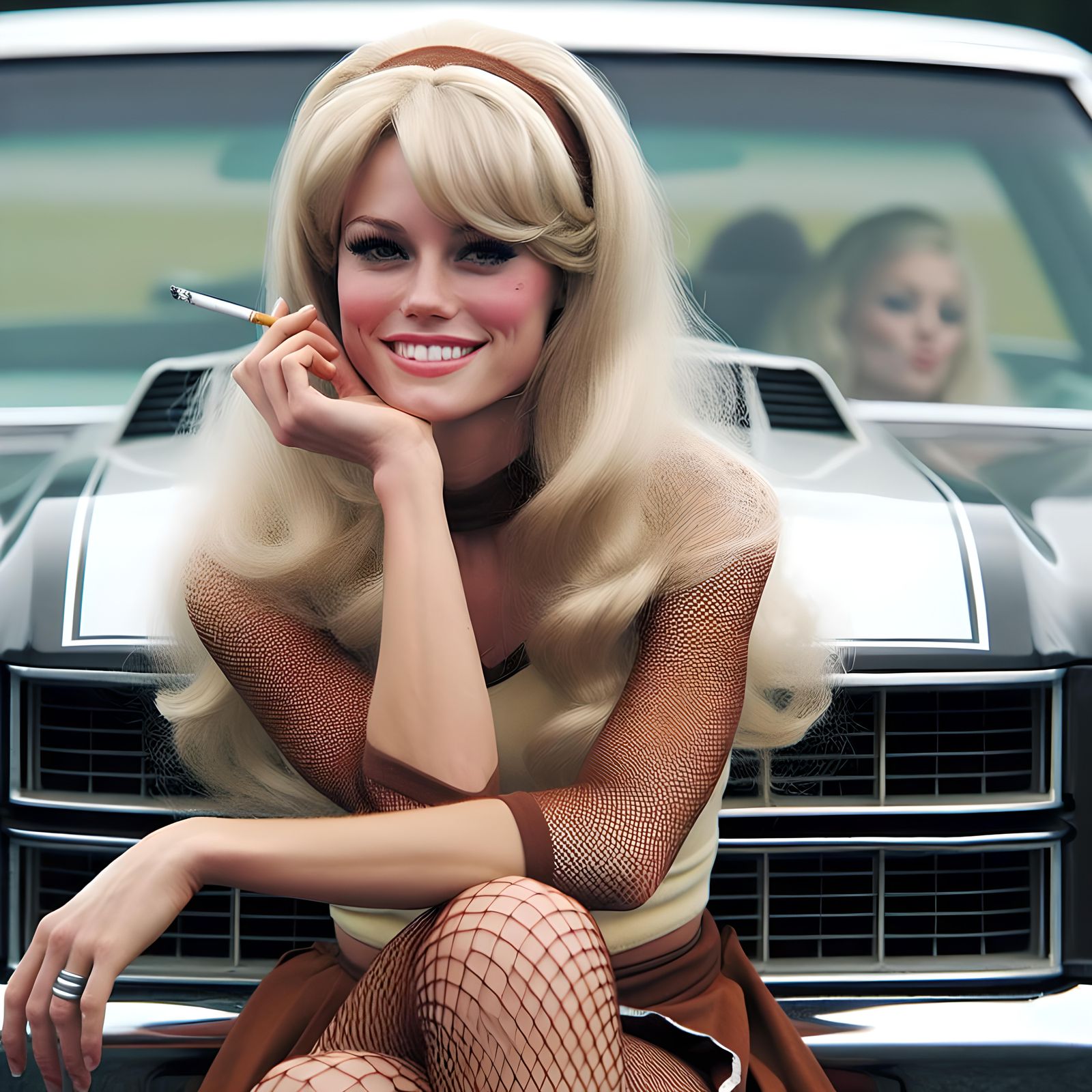 1970s Cheerleader Smoking on Her Chevelle