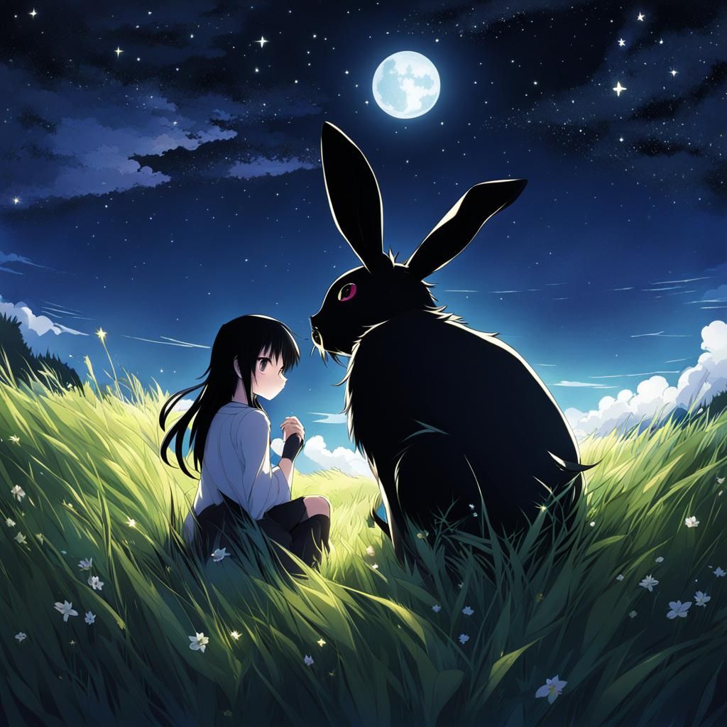 Black Rabbit and Girl Under Starry Anime Sky