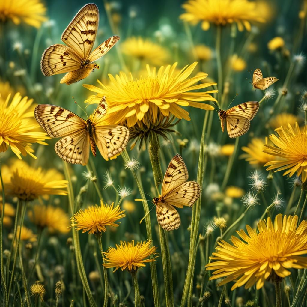 Sunlit Dandelion Meadow with Yellow Butterflies