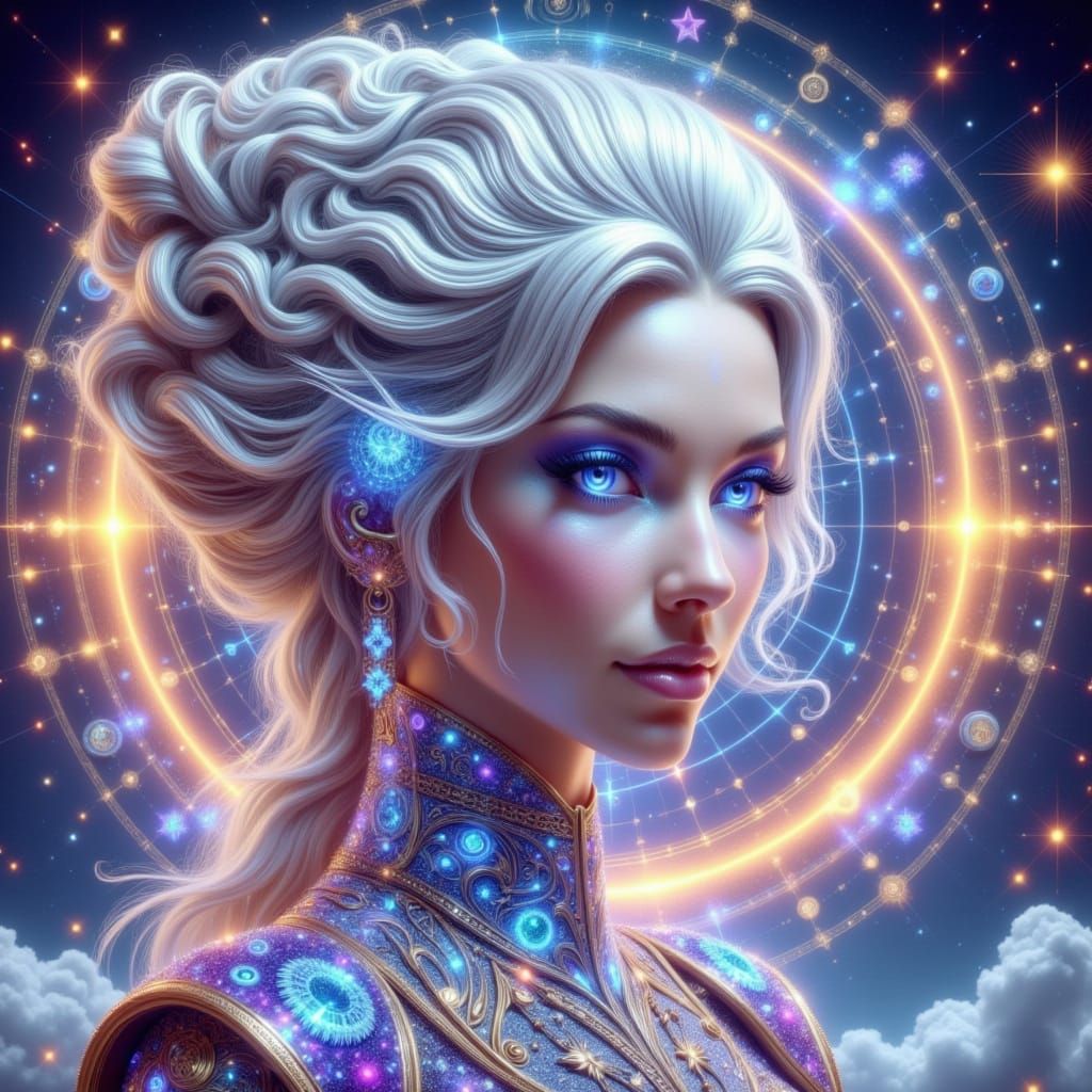 Art Nouveau Goddess with Vibrant Abstract Background