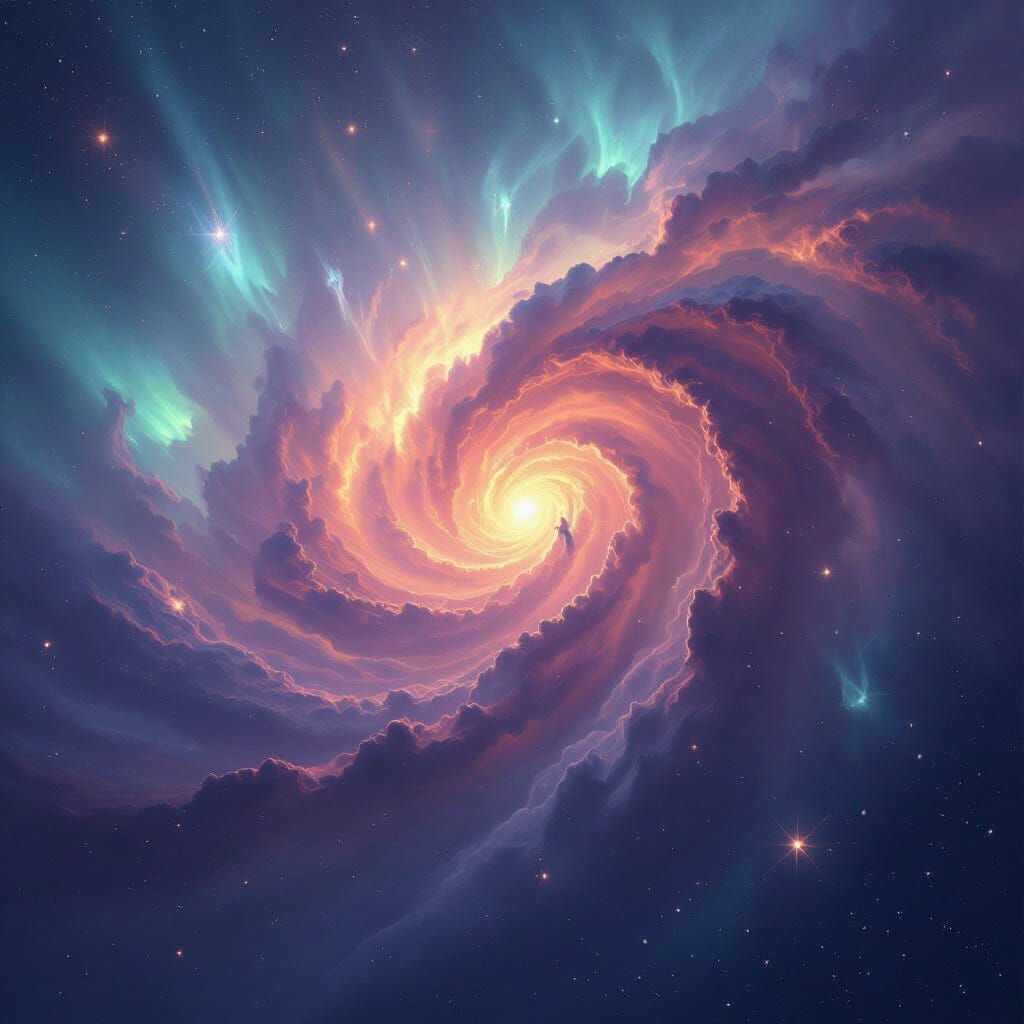 Cosmic Dust Vortex with Aurora and Ethereal Figures