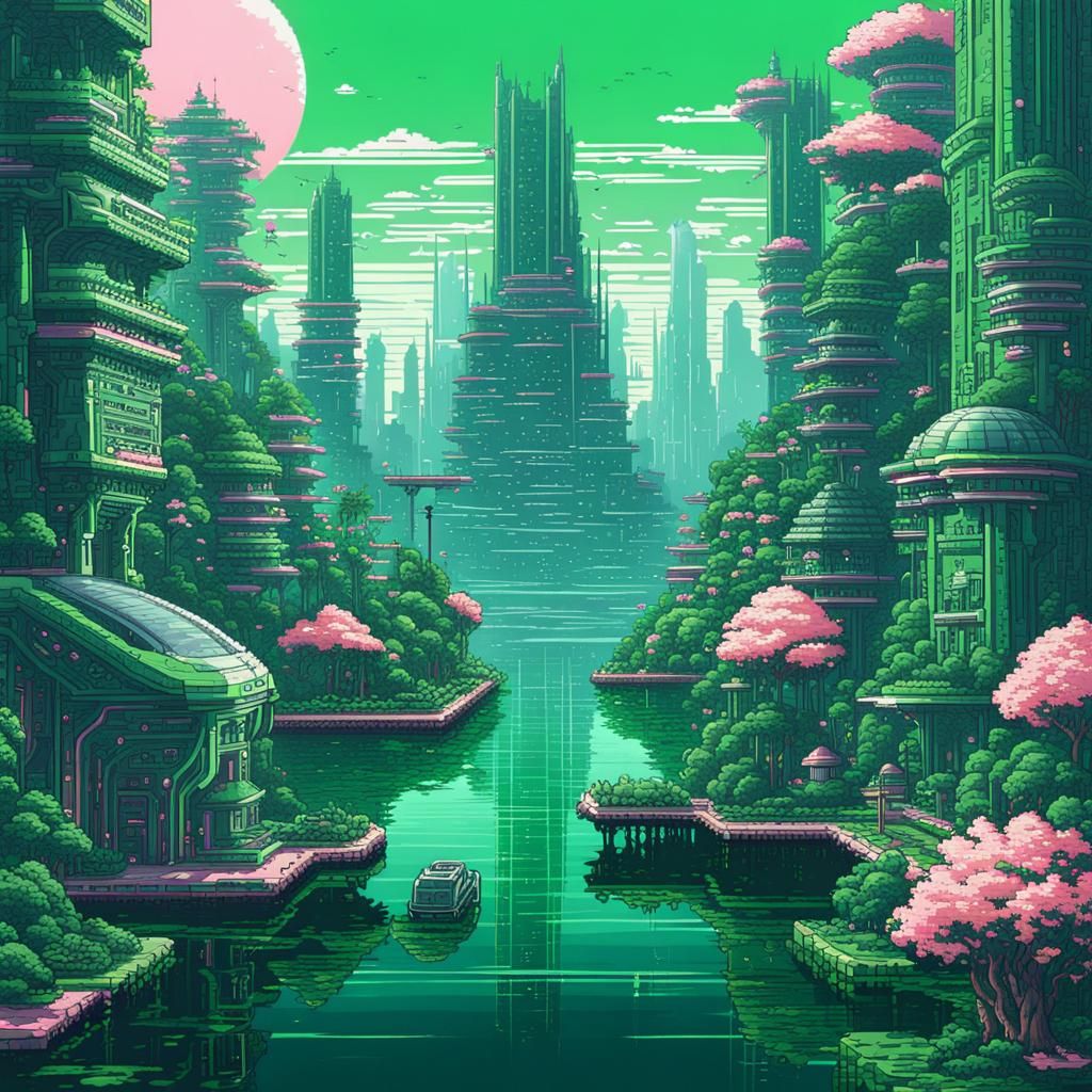 Futuristic Green City on Lake: 8-bit Pixel Art