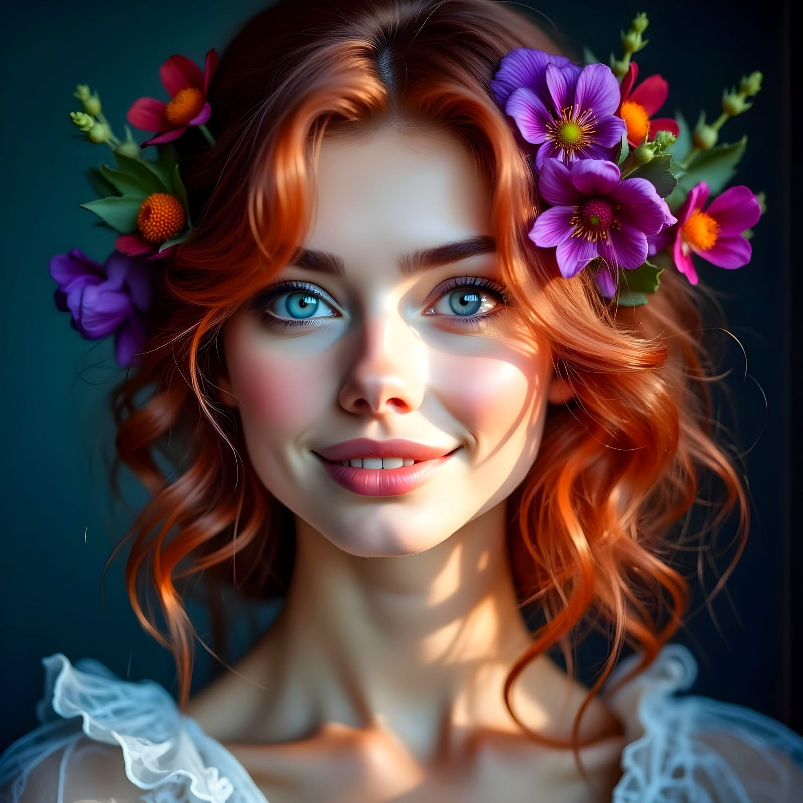 Hyperrealistic Portrait of a Smiling Young Woman with Vibran...