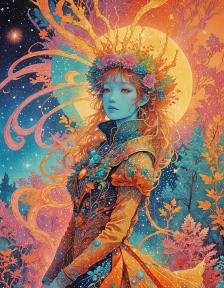 Alien Explorer in Starry Forest: Pointillism Style