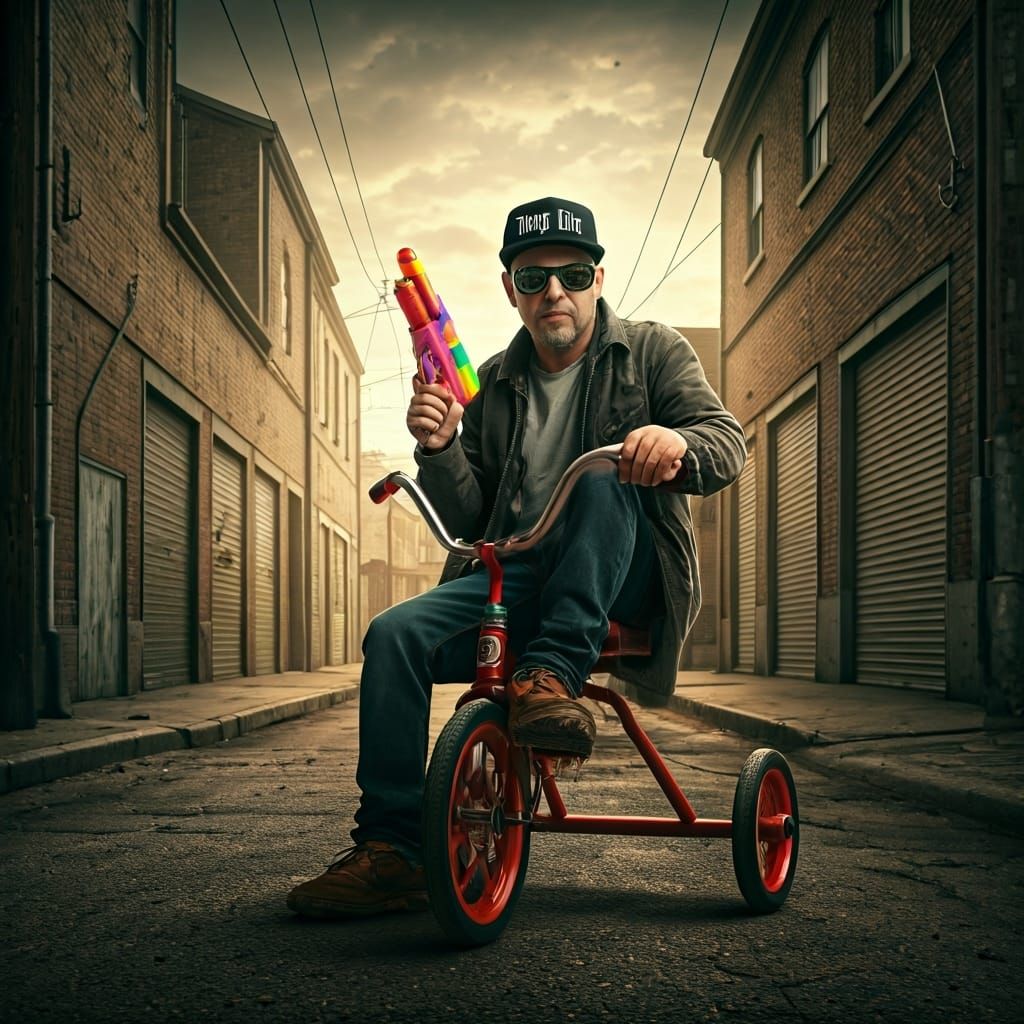 Thug Life Man on Trike with Water Pistol