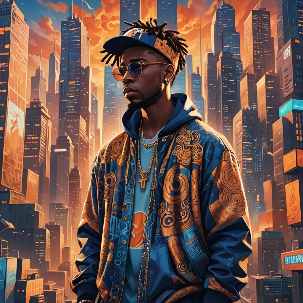 Rapper in Dreamlike Cityscape Concept Art