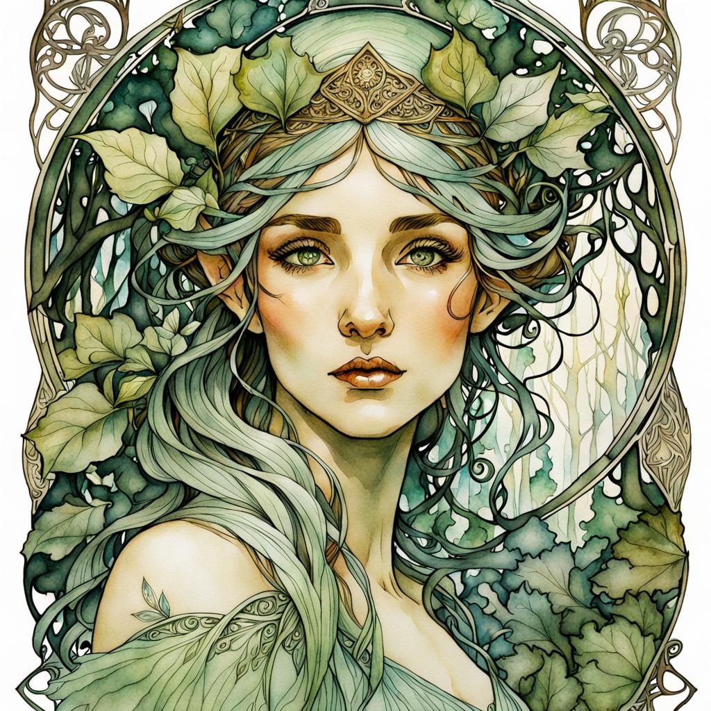 Elfin Girl Portrait in Art Nouveau Style
