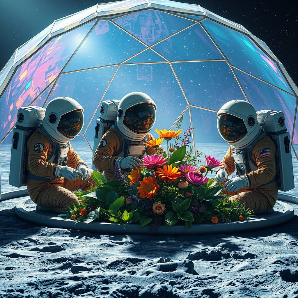 Astronauts Nurture Alien Flora in Iridescent Lunar Geodesic...