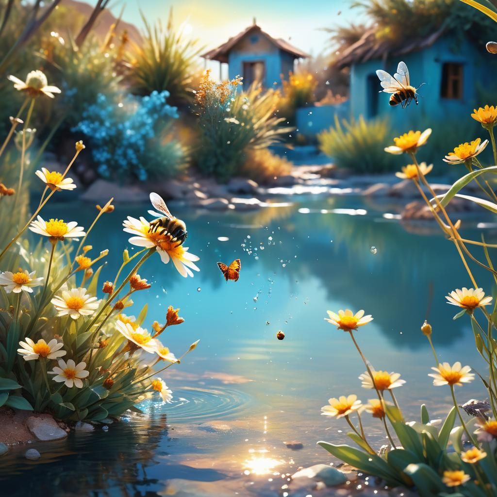 Bee, Butterfly and River in Impressionistic Style