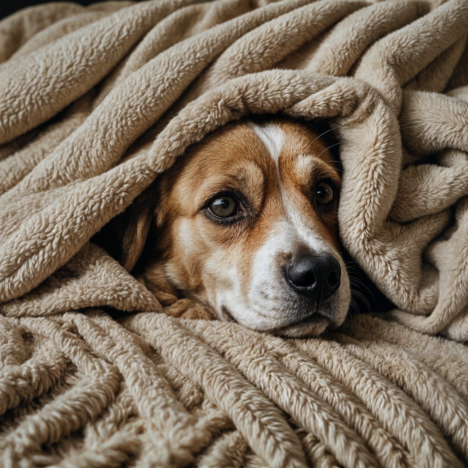 Comforting Close-Up of Pet Snuggling Under Blanket