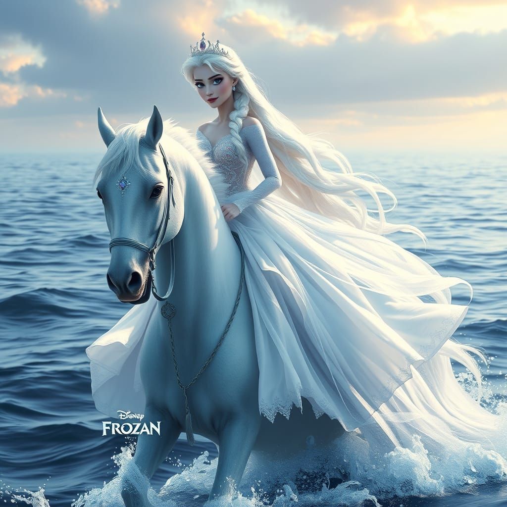 Elsa Rides Water Horse on Ocean Backdrop