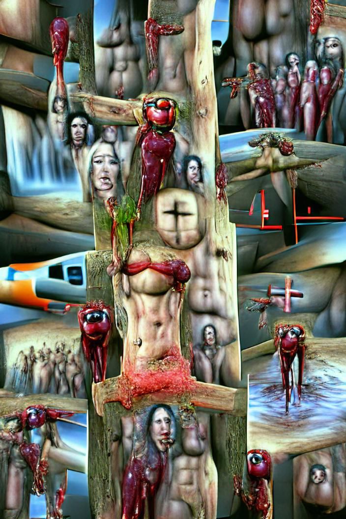 Grotesque Crucifixion in Hyperrealistic Mixed Media