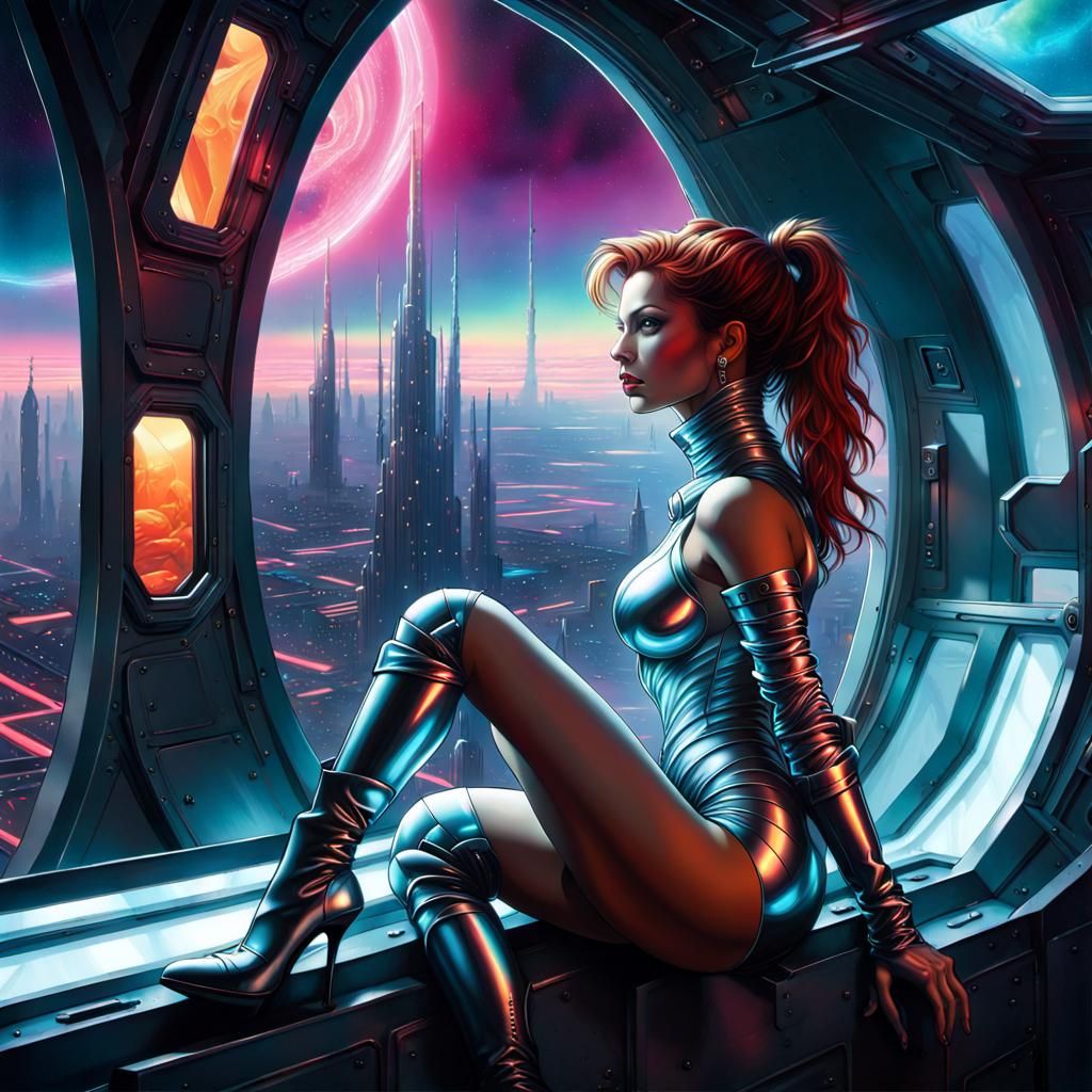 Cyborg Gazing at Neon Cityscape in Fantasy Art Style