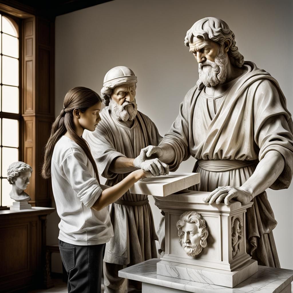 Renaissance sculpture studio, art by Leonardo da Vinci and Michelangelo, master sculptor guiding the hands of an apprent...
