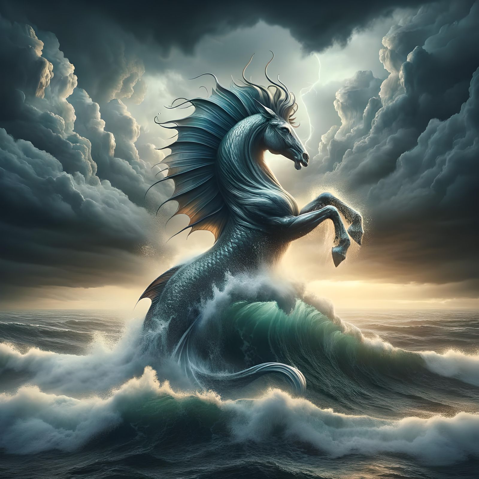 Mythical Hippocamp Emerges from Stormy Seas