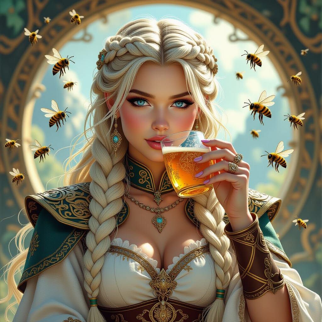 Viking Valkyrie Drinking Mead in Art Nouveau Style