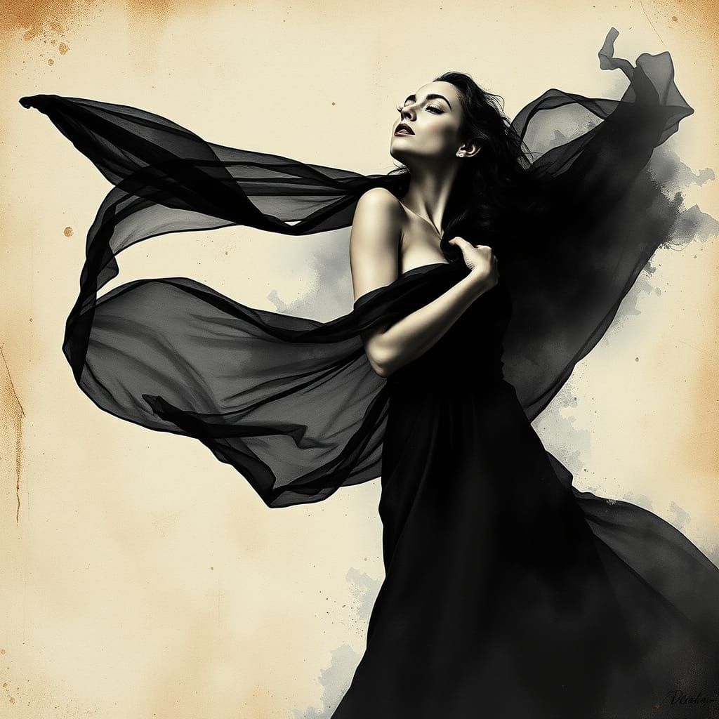 Ethereal Pin-Up in Black and White Ink Wash