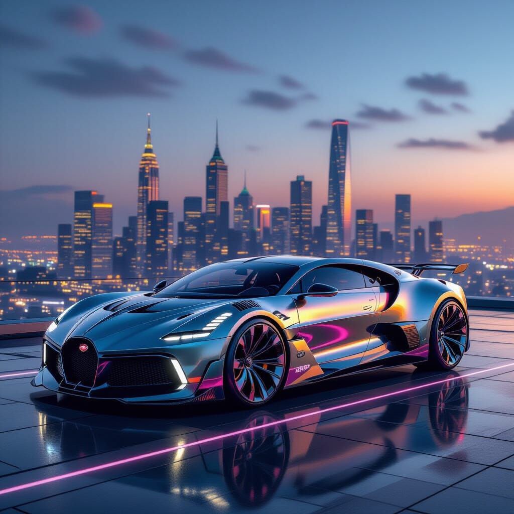Futuristic Bugatti Concept Car Over Metropolis