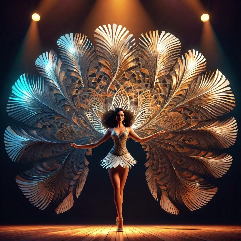 Brunette Fan Dancer on Stage in 3D Digital Art