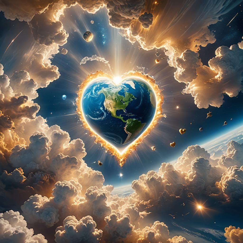Earth Encircled by Golden Heart Cloud