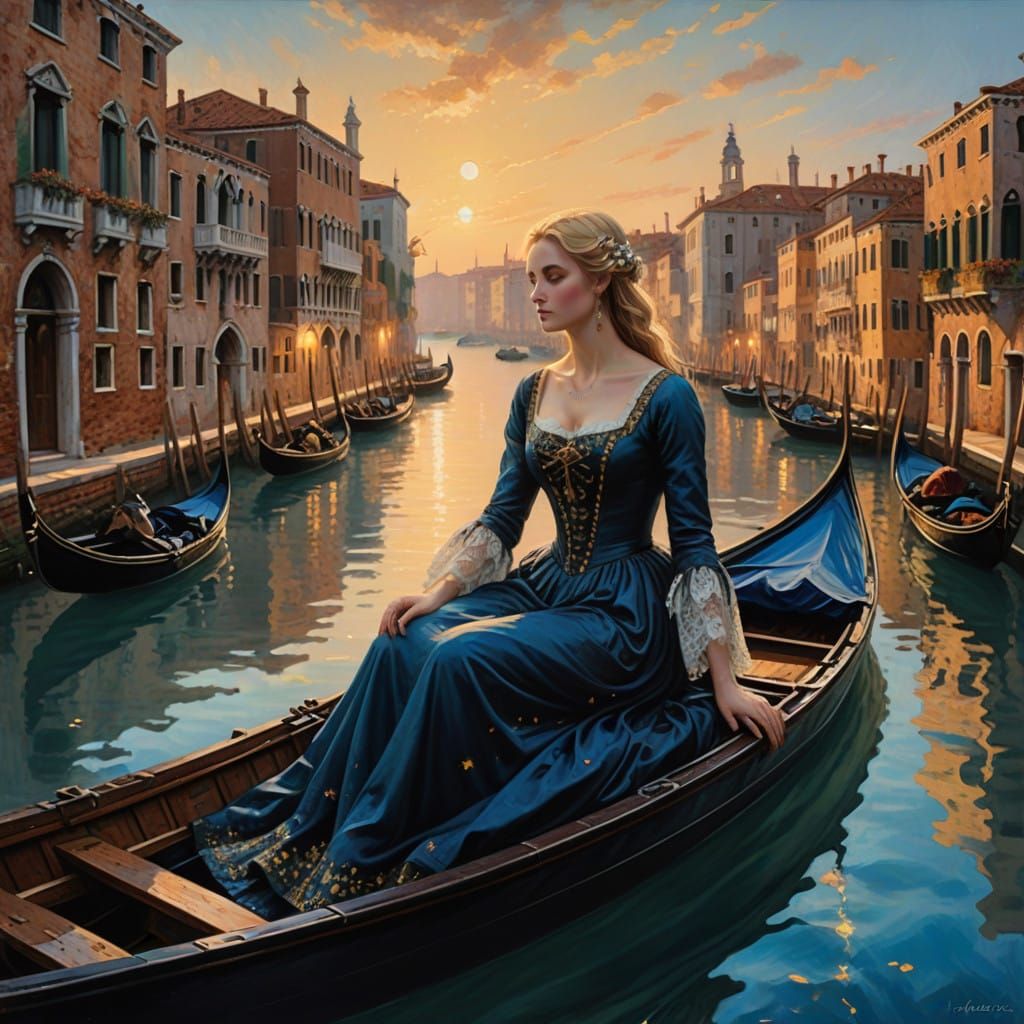 Elegant Woman in Gondola, Venice, at Sunset